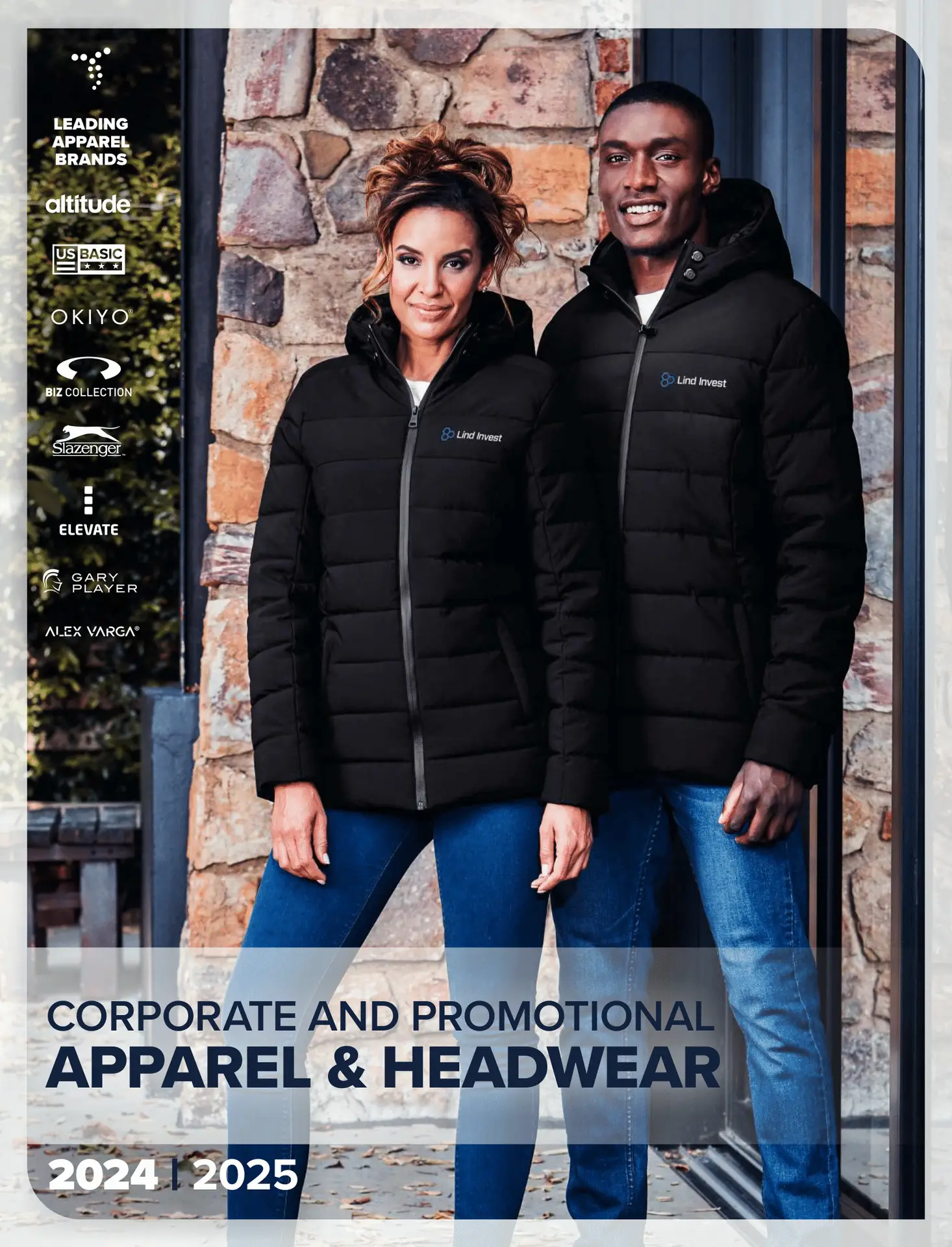 A man and a woman are wearing black jackets with the Lind Invest logo on them. The image is a catalogue cover for corporate and promotional apparel and headwear, featuring leading brands like Altitude, US Basic, Okiyo, Biz Collection, Slazenger, Elevate, Gary Player, and Alex Varga. The catalogue is for the 2024-2025 season. This image is perfect for showcasing Mafloza's corporate wear, gifts, and clothing solutions in South Africa.