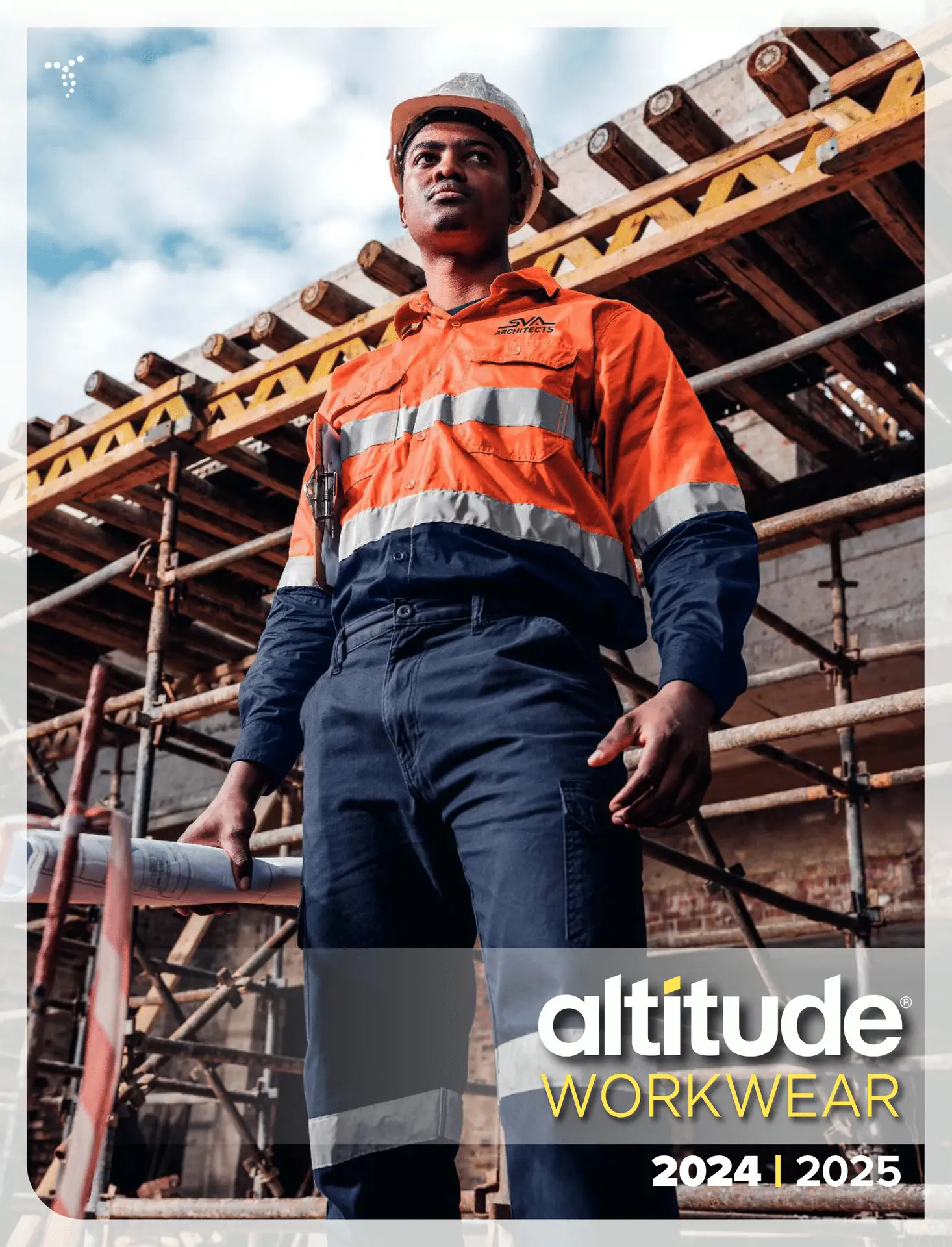A construction worker in a hard hat and safety gear stands in front of scaffolding, holding a blueprint. He is wearing an orange and blue work uniform with the "altitude" logo and the text "WORKWEAR 2024 | 2025". This image showcases Mafloza's workwear solutions in South Africa, highlighting the durability and safety features of Altitude workwear.